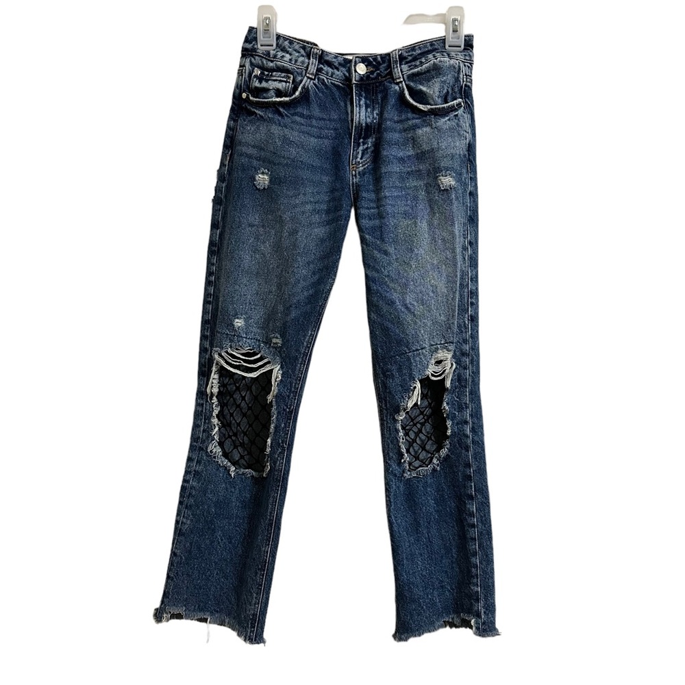 Zara High Rise Raw Hem Denim Fish Net Ripped Jeans Size 4